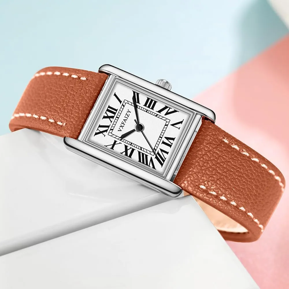 Rectangular Watch for Women with Vintage Roman Number and Leather Strap