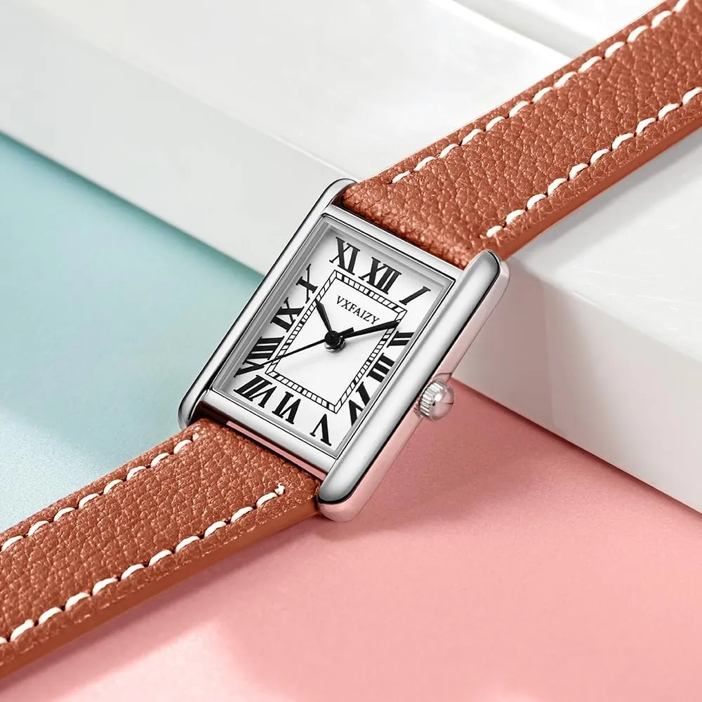 Rectangular Watch for Women with Vintage Roman Number and Leather Strap