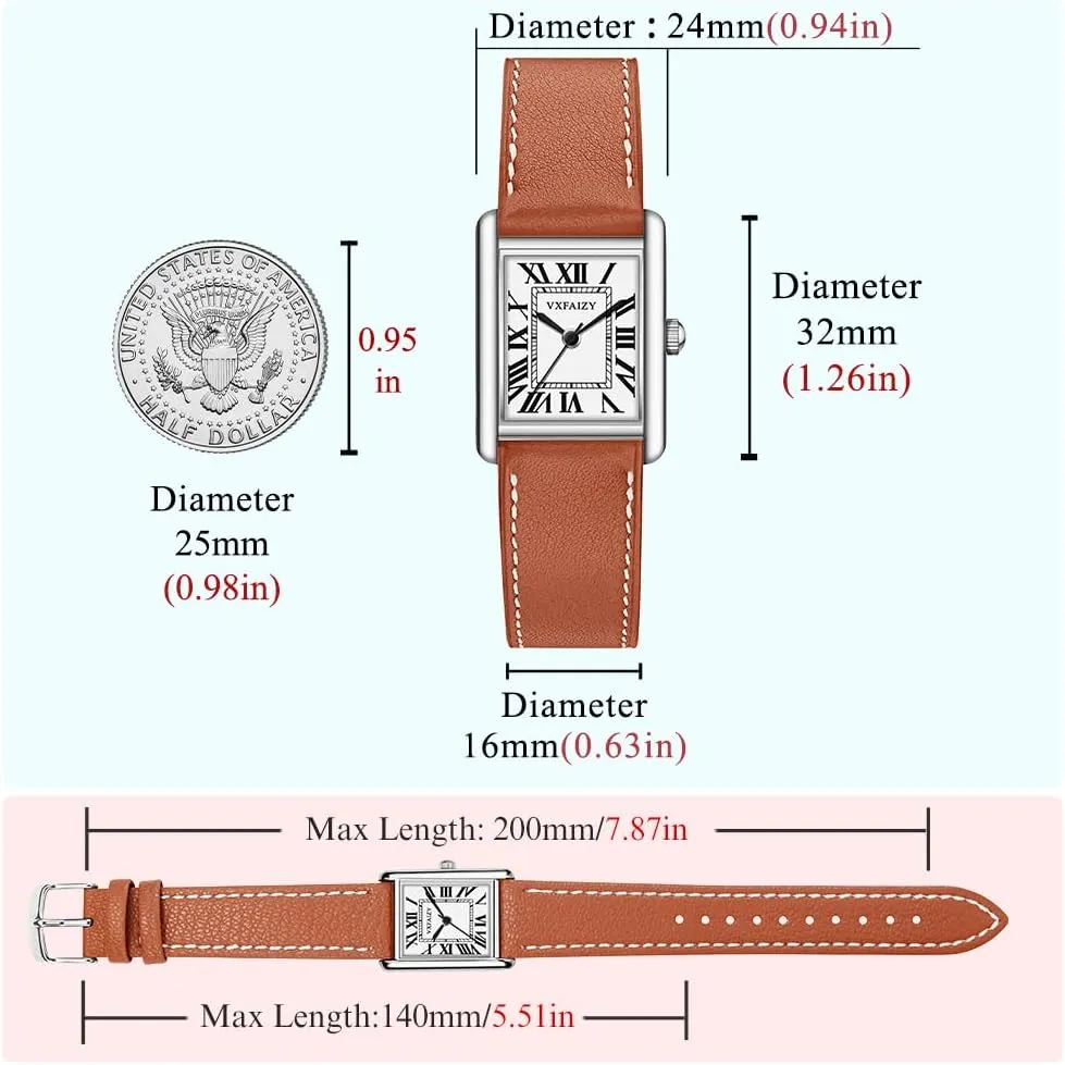 Rectangular Watch for Women with Vintage Roman Number and Leather Strap