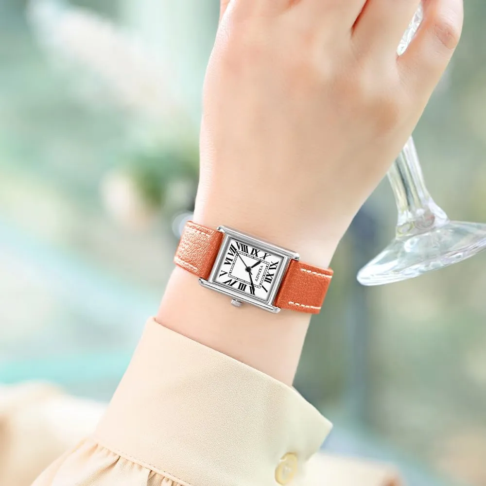 Rectangular Watch for Women with Vintage Roman Number and Leather Strap