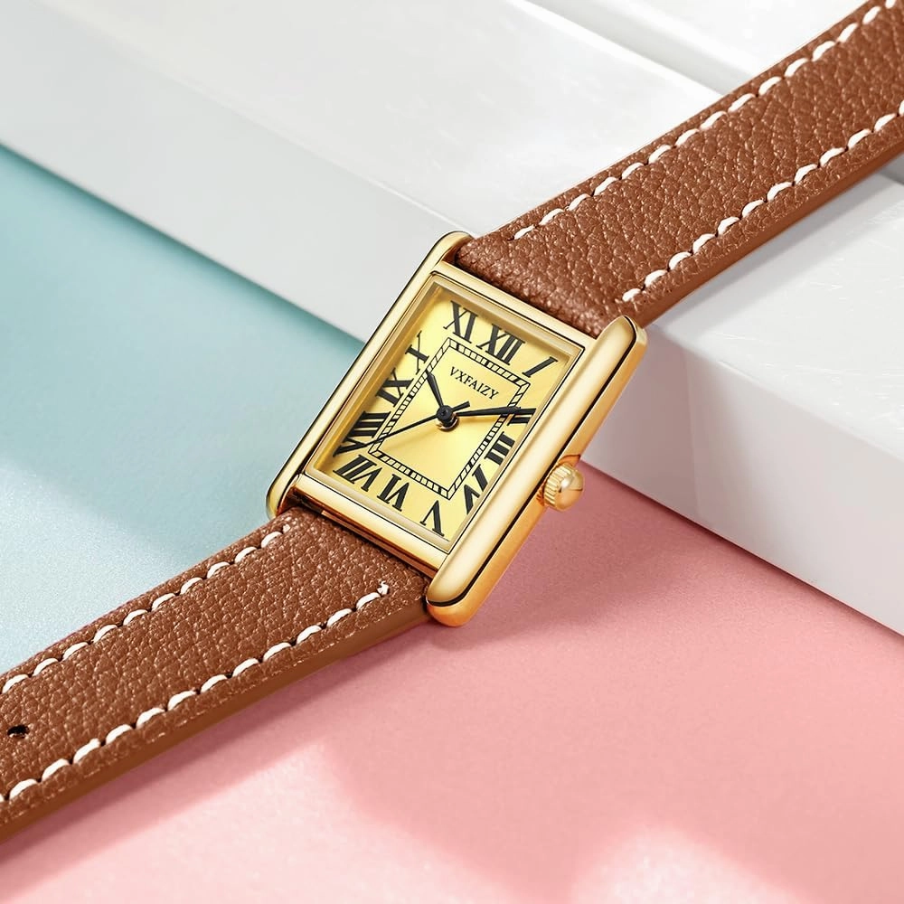 Rectangular Watch for Women with Vintage Roman Number and Leather Strap