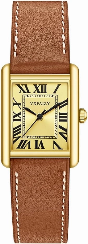 Rectangular Watch for Women with Vintage Roman Number and Leather Strap