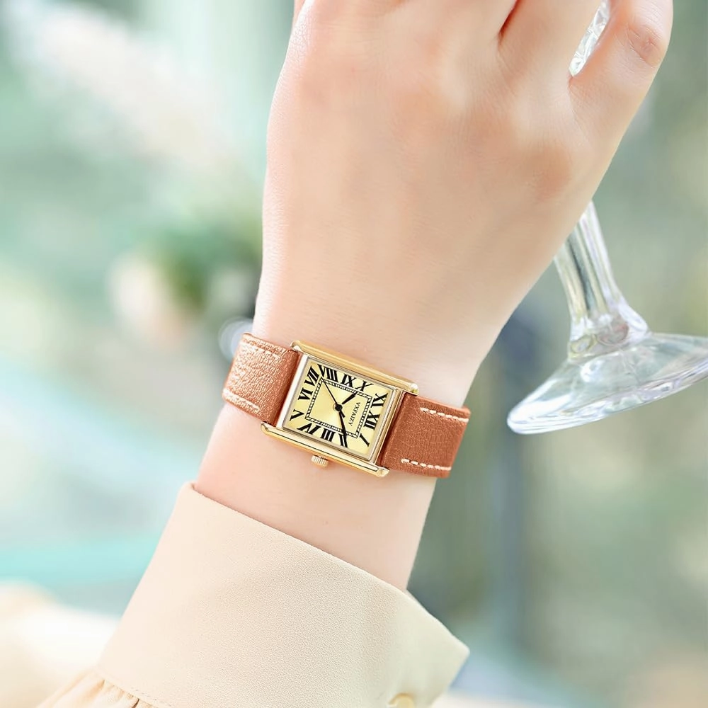 Rectangular Watch for Women with Vintage Roman Number and Leather Strap