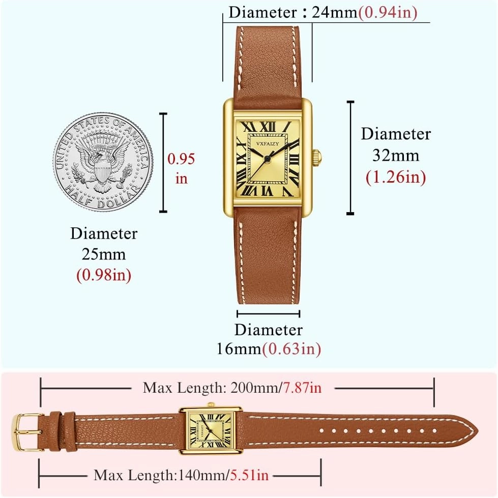 Rectangular Watch for Women with Vintage Roman Number and Leather Strap