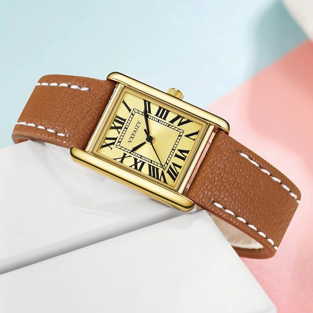 Rectangular Watch for Women with Vintage Roman Number and Leather Strap