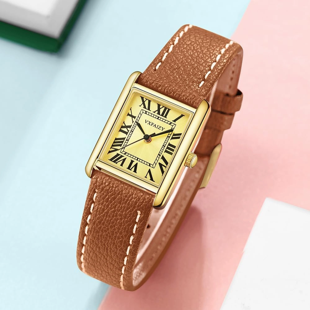 Rectangular Watch for Women with Vintage Roman Number and Leather Strap