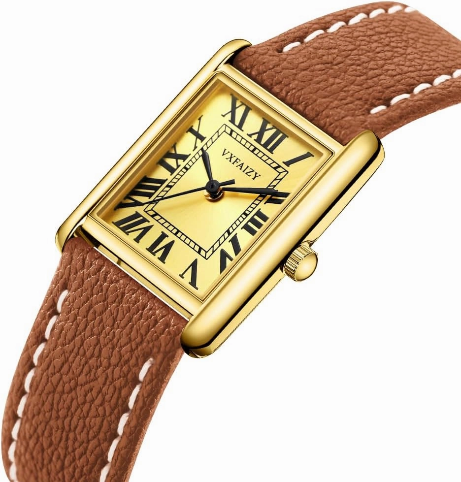 Rectangular Watch for Women with Vintage Roman Number and Leather Strap