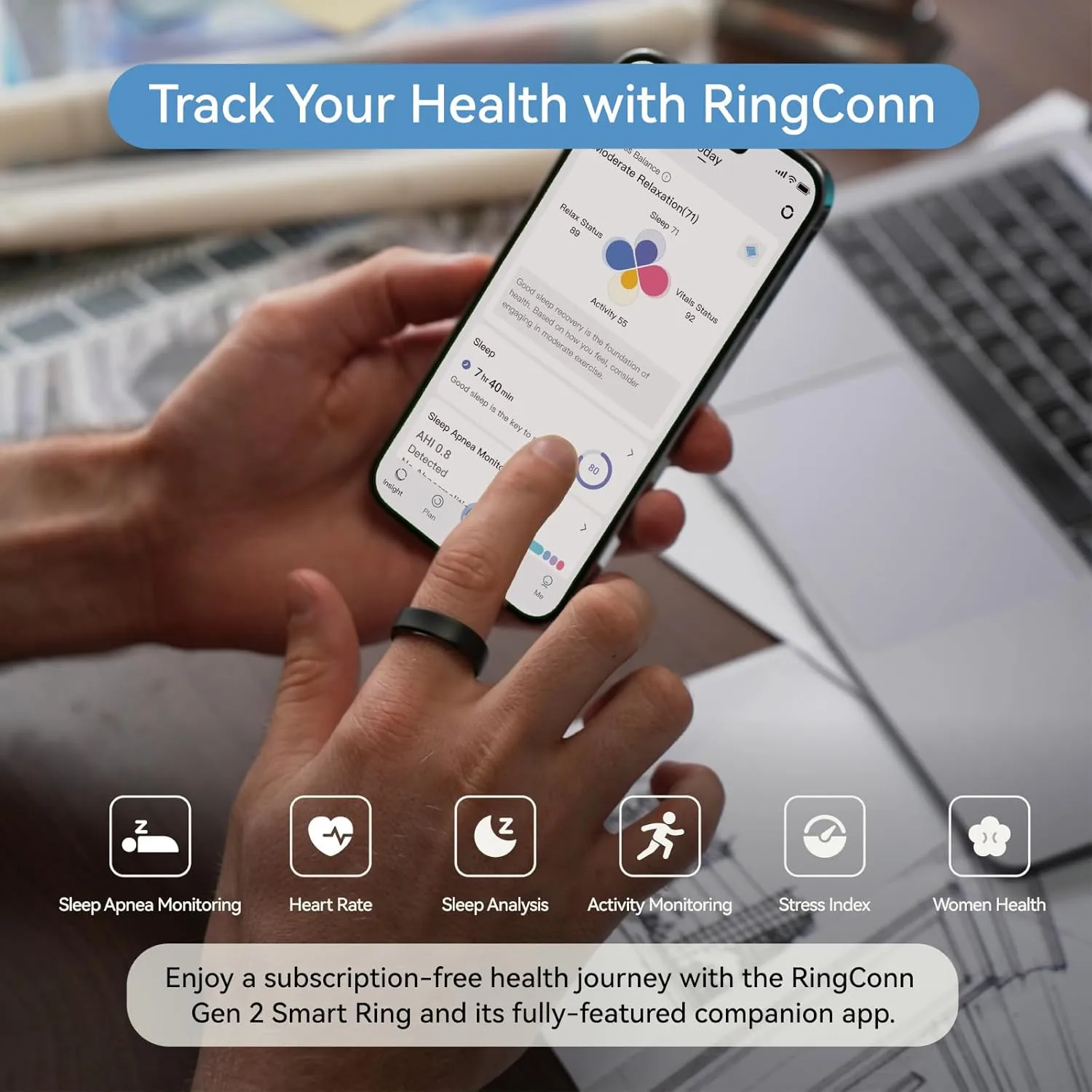 RingConn Gen 2, World’s First Smart Ring with Sleep Apnea Monitoring, No APP Subscription, 12-Day Battery Life, Stress/Heart Rate/Women's Health Tracker, Android & iOS Compatible (Black, Size 10)