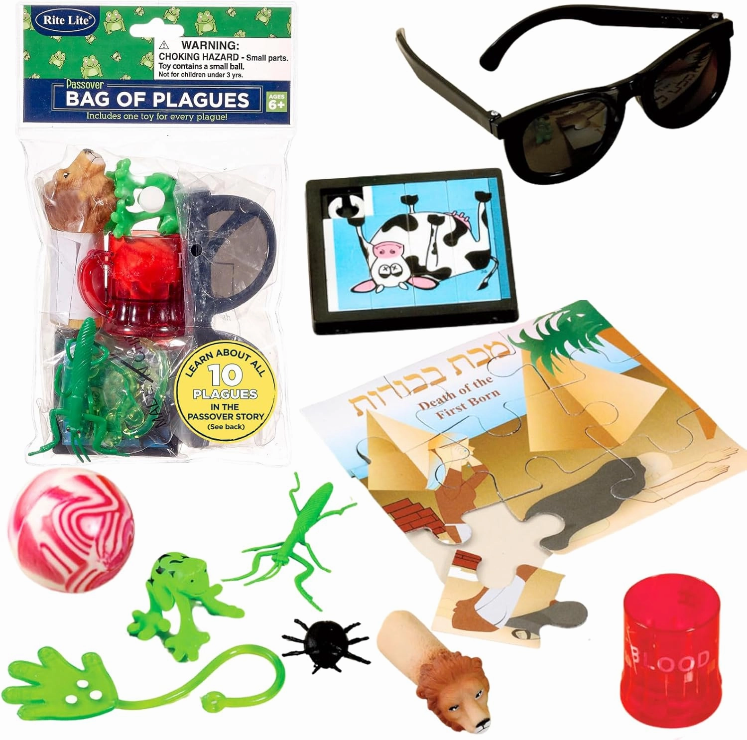 Rite Lite Passover Bag of Plagues Pesach Seder Gift Set with Fun Plague Props Jewish Holiday Party Favors Learning & Storytelling 10 Plagues Arts & Crafts, Judaica Educational Decorations Goodie Bag
