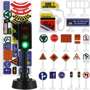 SAFIGLE 56 Pcs Traffic Signs and 2 Traffic Light Models for Kids, Assorted Color Plastic Road Signs Playset, Educational Toy for Learning Road Safety, Perfect for Home