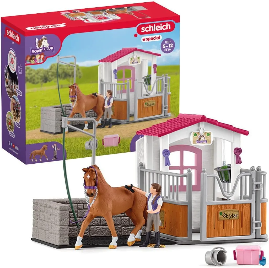 Schleich Horse Club - 28 PC Horse Wash Stall Toy Playset with Mare and Rider Action Figure and Accessories for Girls and Boys - Personalizable Stall - Interactive, Realistic Kids Toys Ages 5  - 72177