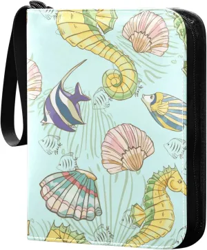 Seahorse Shells and Fish on Blue Card Binder for Trading Cards, 4 Pocket with 50 Sleeves up to 400 Cards, Double Sided Pockets Card Holder Carry Case for Baseball Card, Football Card, Gaming Cards