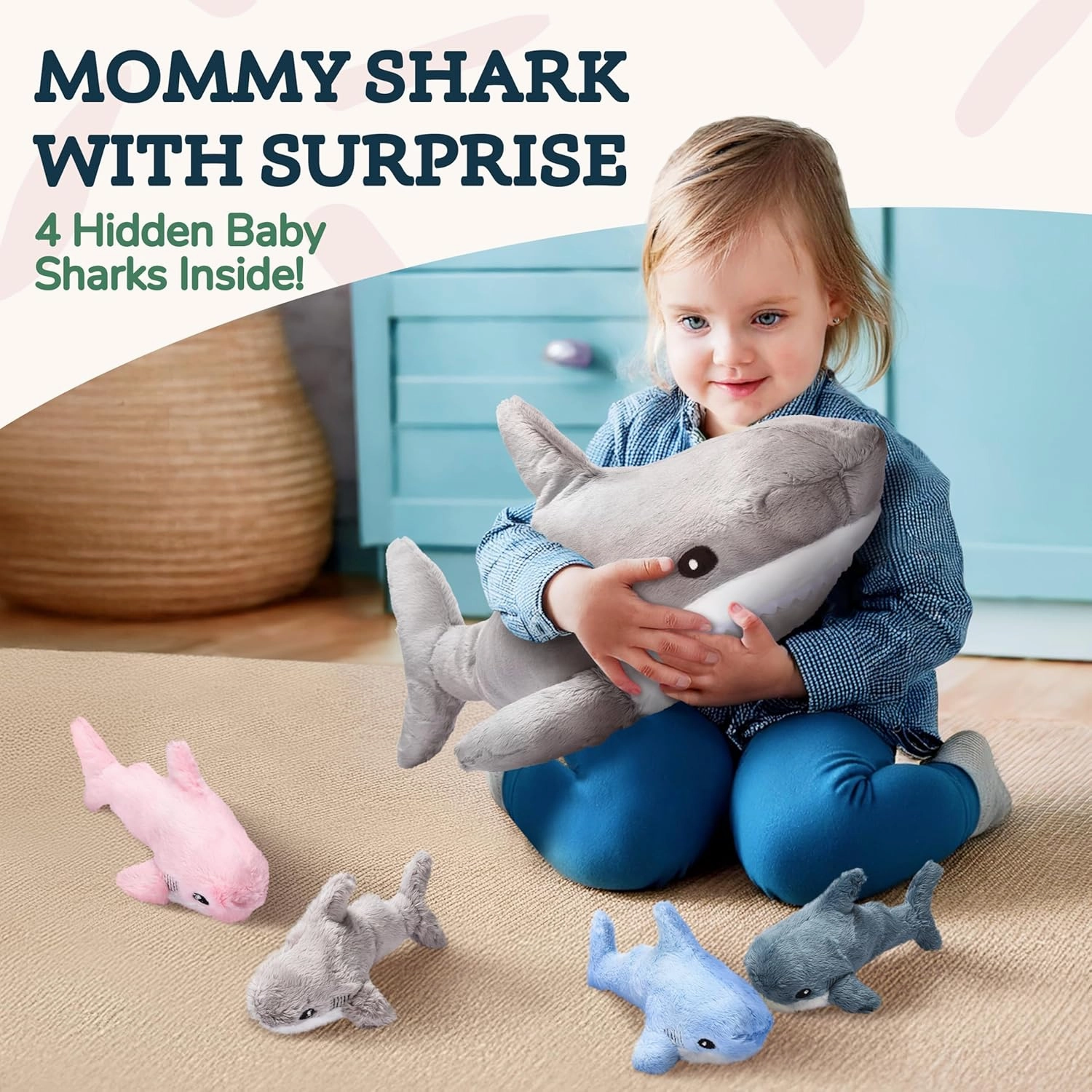 Shark Plush Stuffed Animal with 4 Babies - Sea Animals Huggable Plushies - Cute Decorative Shark Pillow - Soft and Fluffy Material - Stuffable Plushie Gift Toy for Sea Creature Lover