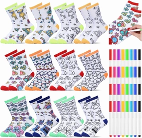 ShinyMarch 12 Pairs Kids Doodle Socks Color Your Own Socks DIY Kid Drawing Craft Arts with 48 Pcs Markers
