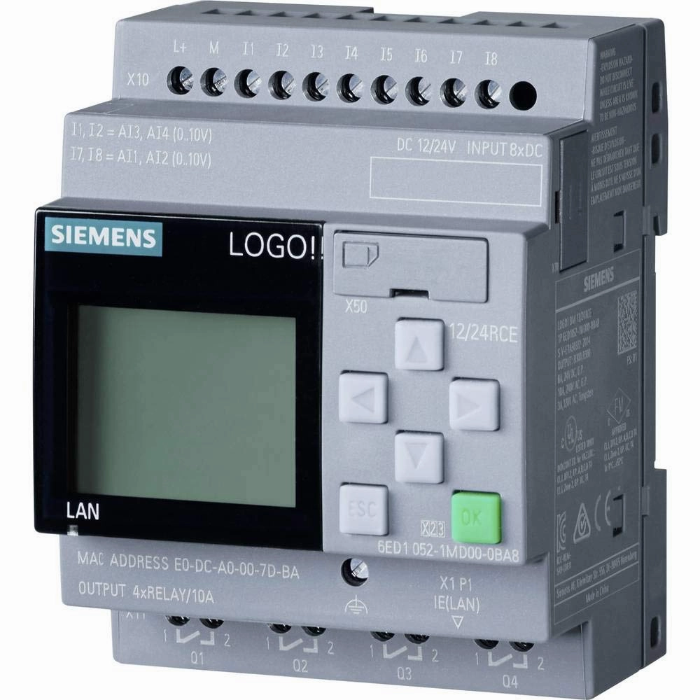Siemens 6ED1052-1MD08-0BA0 LOGO! 12/24RCE, logic module, disp PS/I/O: 12/24VDC/relay, 8 DI (4AI)/4DO, memory 400 blocks, modular expandable, Ethernet