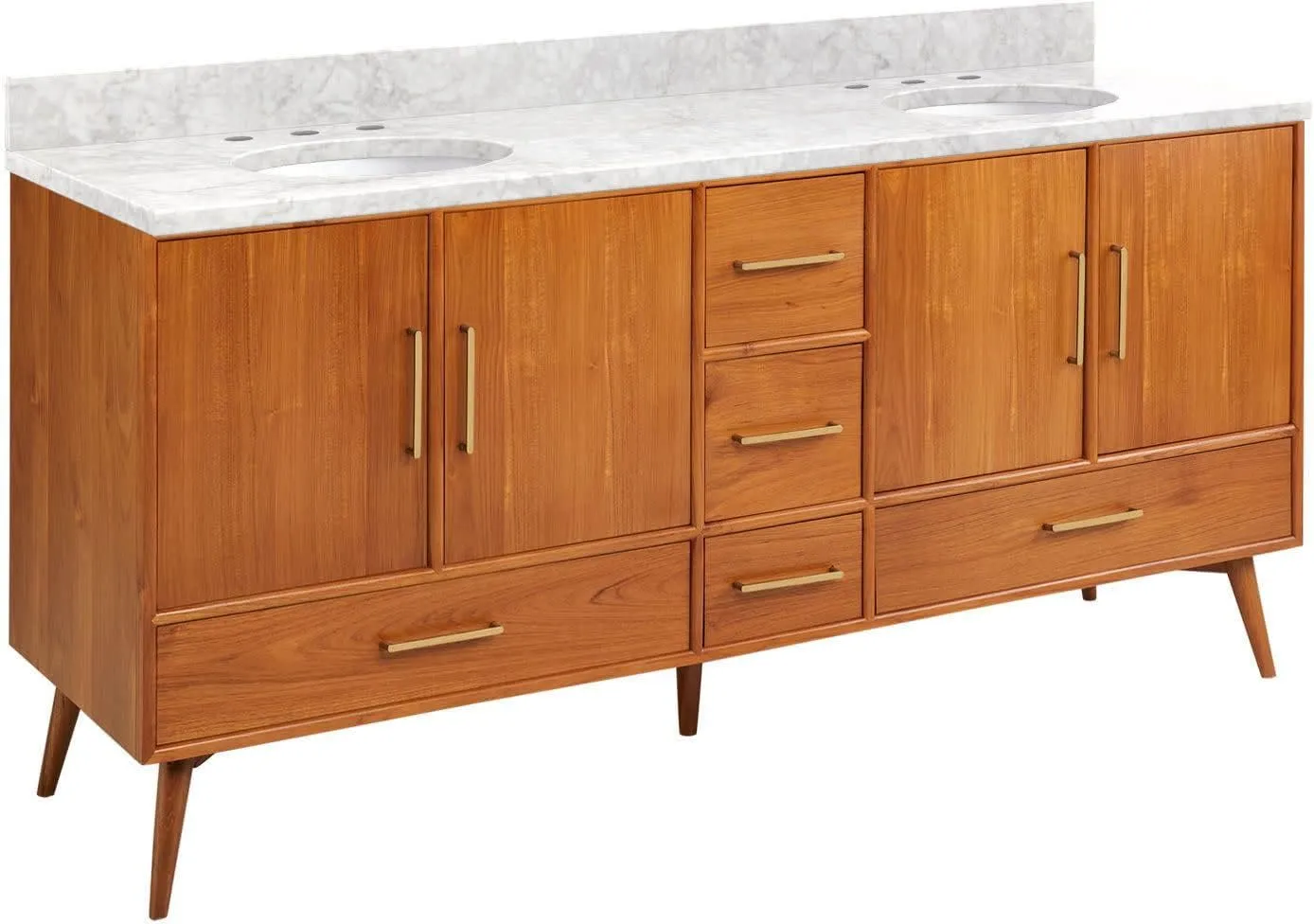 Signature Hardware 953363-72-UM-8 Novak 72" Freestanding Teak Double Basin Vanity Set with Cabinet, Vanity Top, and Oval Undermount Sinks - 8" Faucet Holes - Teak/Feathered White