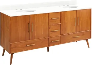 Signature Hardware 953363-72-UM-8 Novak 72" Freestanding Teak Double Basin Vanity Set with Cabinet, Vanity Top, and Oval Undermount Sinks - 8" Faucet Holes - Teak/Feathered White