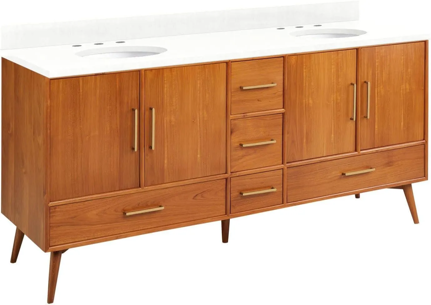 Signature Hardware 953363-72-UM-8 Novak 72" Freestanding Teak Double Basin Vanity Set with Cabinet, Vanity Top, and Oval Undermount Sinks - 8" Faucet Holes - Teak/Feathered White
