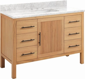 Signature Hardware 481791 Ayanna 48" Free Standing Single Vanity Set with Mindi Wood Cabinet, Vanity Top and Rectangular Undermount Vitreous China Sink - 8" Faucet Holes - Natural Mindi/Carrara