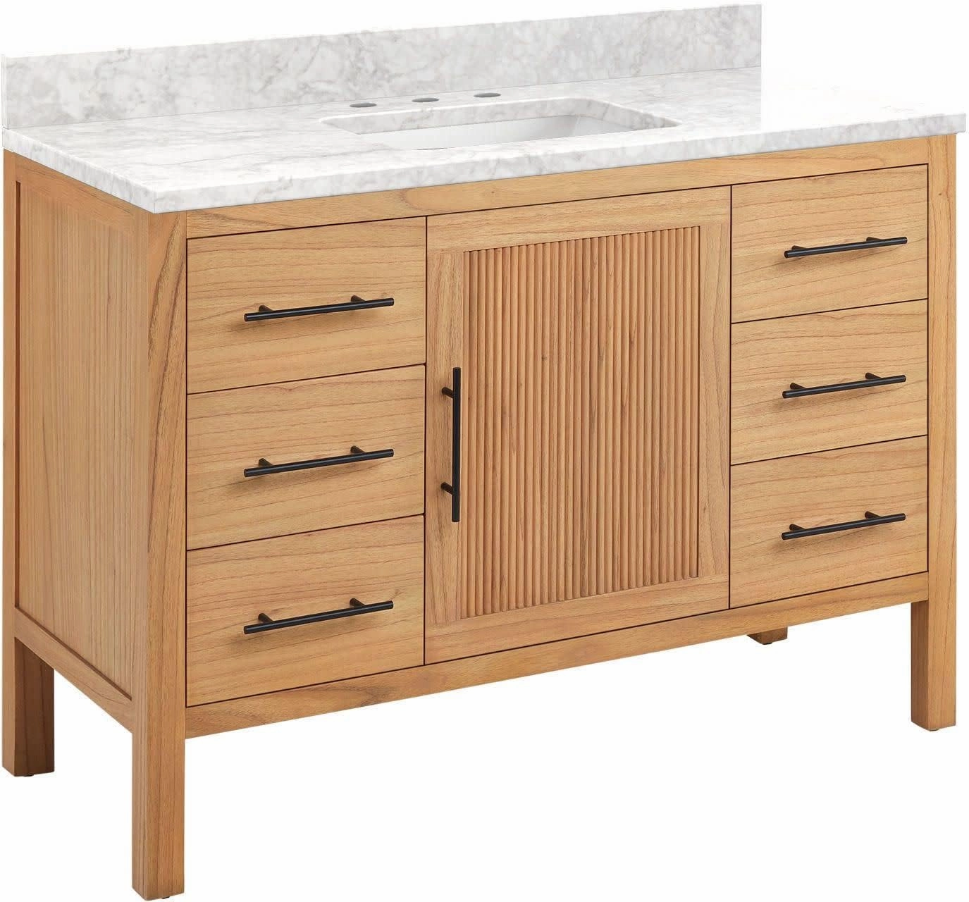 Signature Hardware 481791 Ayanna 48" Free Standing Single Vanity Set with Mindi Wood Cabinet, Vanity Top and Rectangular Undermount Vitreous China Sink - 8" Faucet Holes - Natural Mindi/Carrara