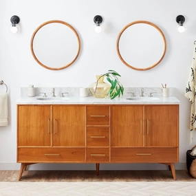 Signature Hardware 953363-72-UM-8 Novak 72" Freestanding Teak Double Basin Vanity Set with Cabinet, Vanity Top, and Oval Undermount Sinks - 8" Faucet Holes - Teak/Carrara Marble