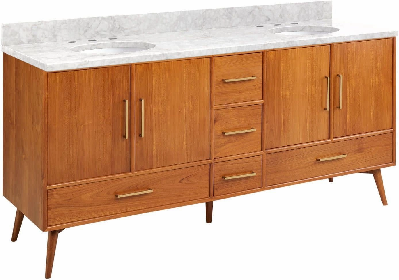Signature Hardware 953363-72-UM-8 Novak 72" Freestanding Teak Double Basin Vanity Set with Cabinet, Vanity Top, and Oval Undermount Sinks - 8" Faucet Holes - Teak/Carrara Marble