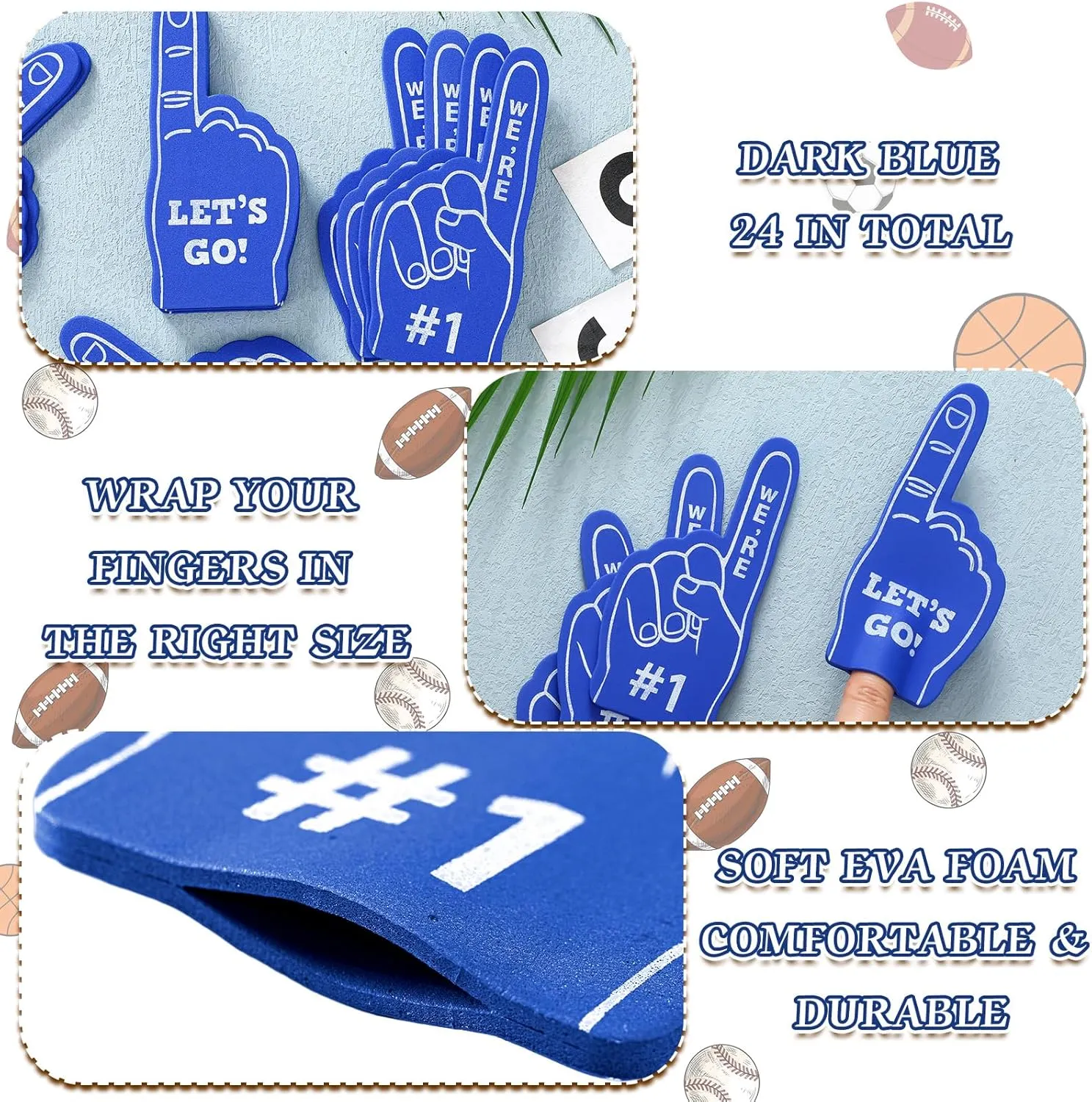 Sinmoe 24 Pcs Mini Foam Finger Baseball Fan Mini Foam Finger, We're #1 Sports Themed Party Supplies for Baseball Hockey Football Basketball Events Team Gifts(Dark Blue)