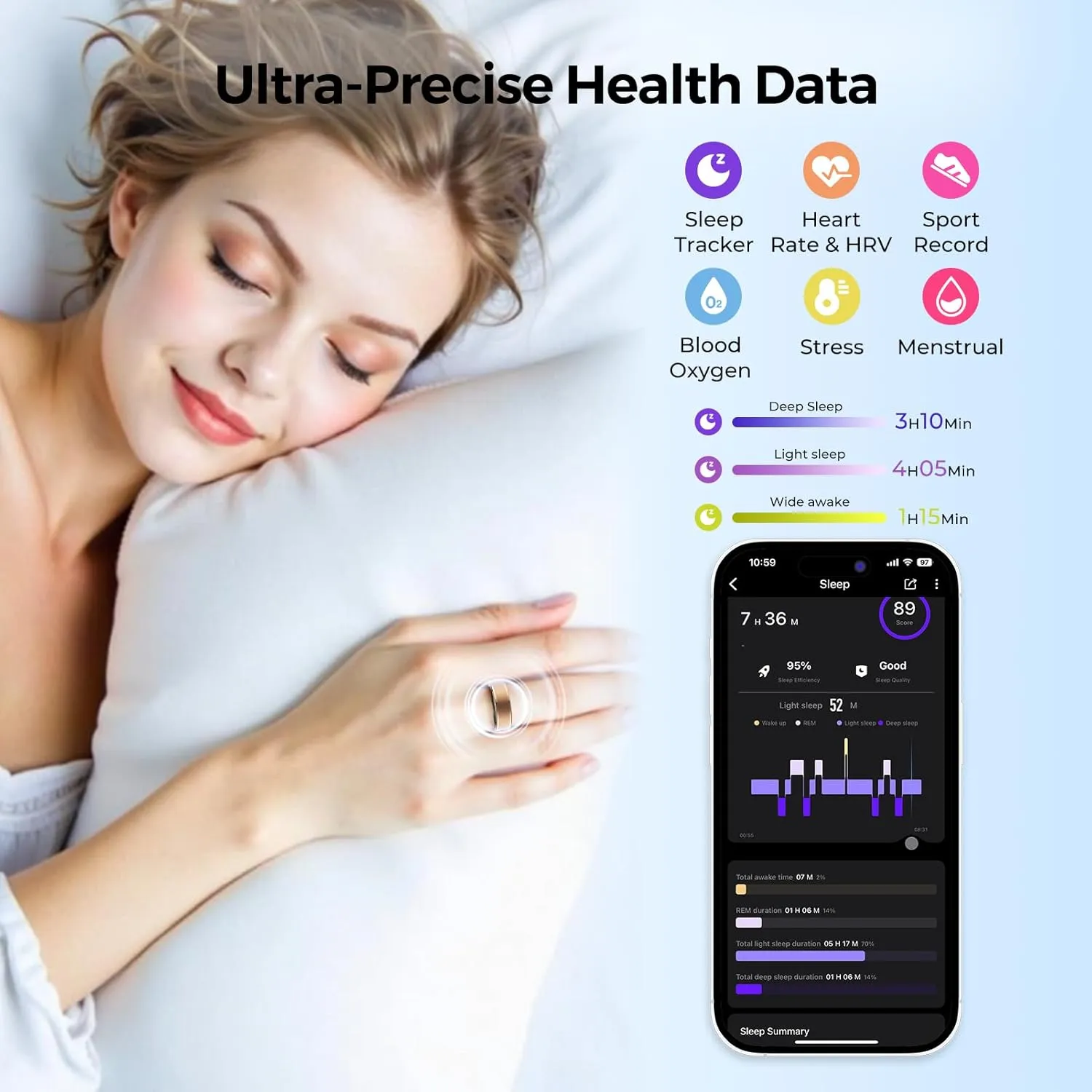 Smart Ring for Women Men - Fitness Tracker with Heart Rate/Blood Oxygen/Stress Monitor/Steps/Sleep Tracking, No App Subscription, 5ATM Waterproof Health Rings