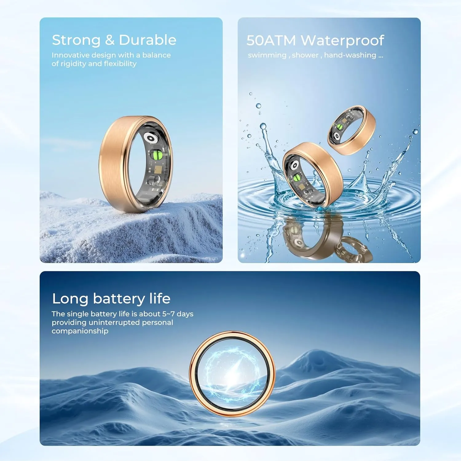 Smart Ring for Women Men - Fitness Tracker with Heart Rate/Blood Oxygen/Stress Monitor/Steps/Sleep Tracking, No App Subscription, 5ATM Waterproof Health Rings