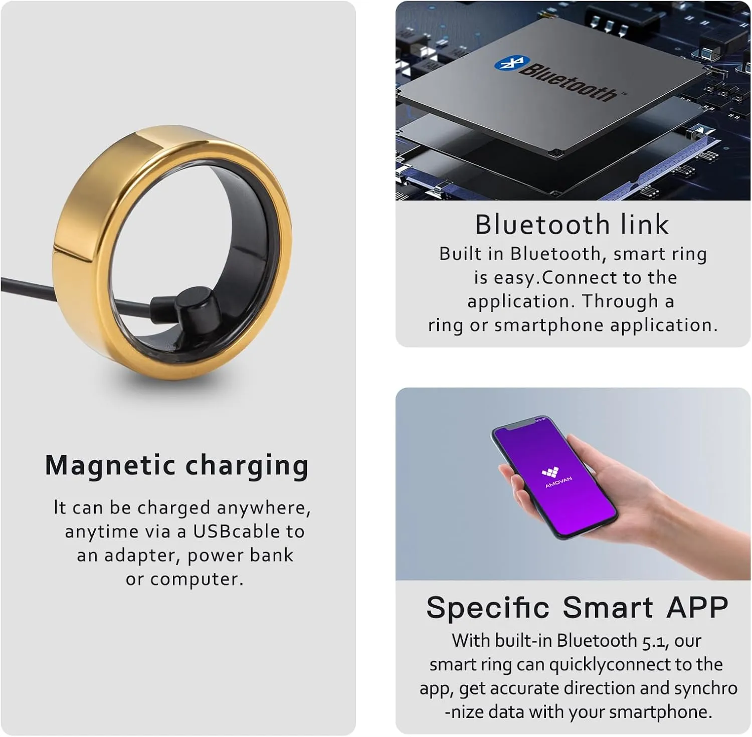 Smart Ring Health Tracker, Fitness Sleep Heart Rate Blood Oxygen Tracker Smart Ring, Water Resistant Bluetooth Fitness Tracker Rings