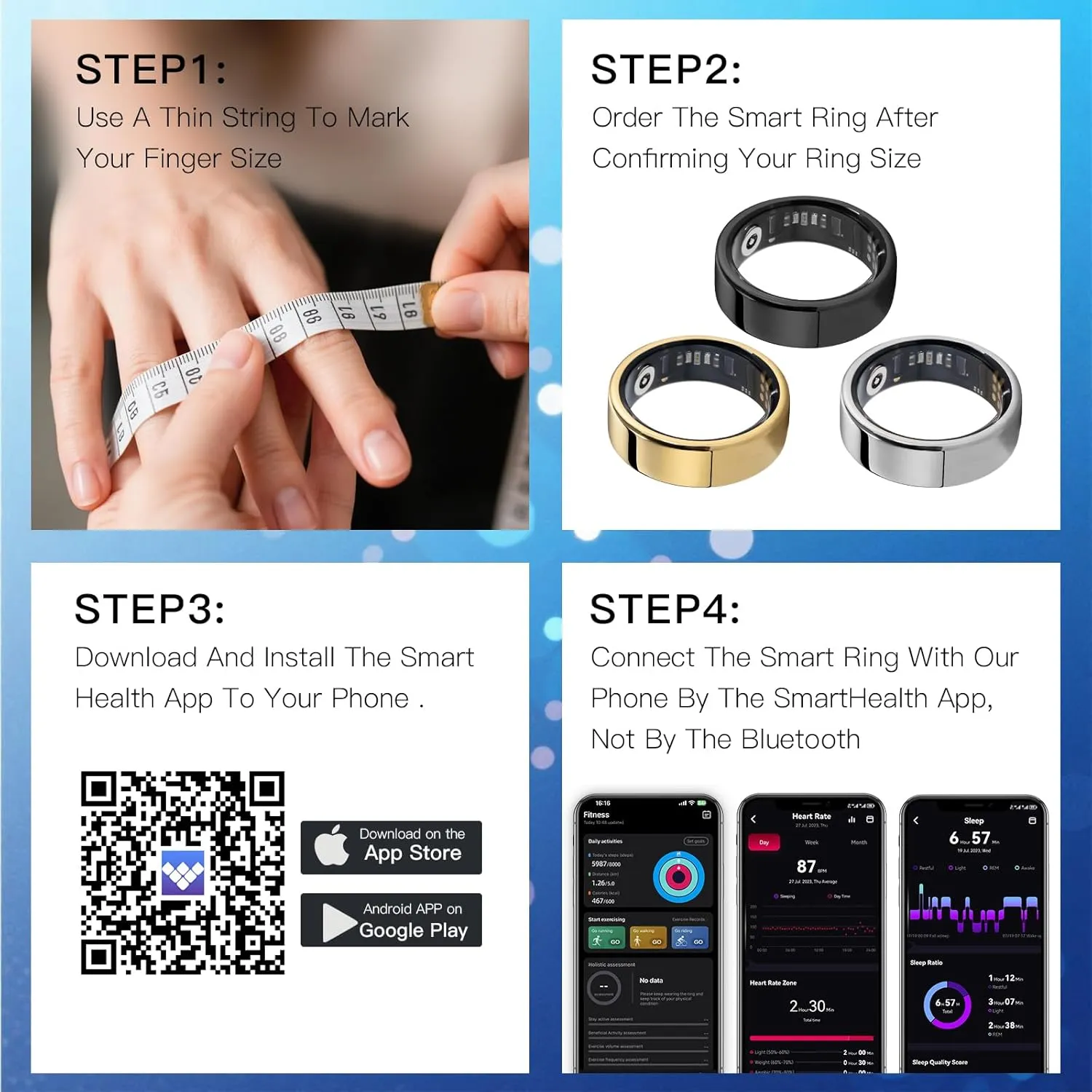 Smart Ring Health Tracker, Fitness Sleep Heart Rate Blood Oxygen Tracker Smart Ring, Water Resistant Bluetooth Fitness Tracker Rings