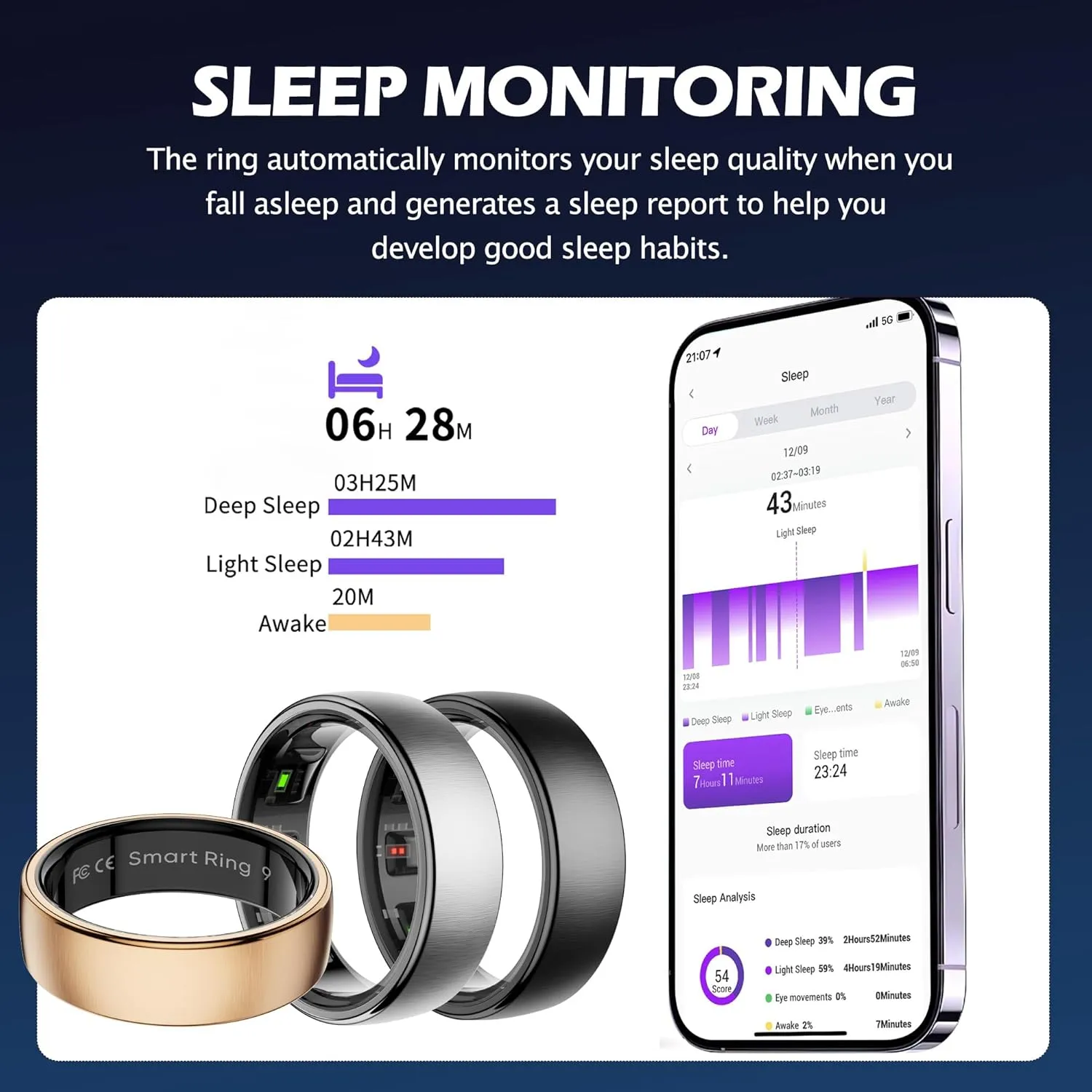 Smart Ring Health Tracker Heart Rate Sleep Tracking Pedometer Fitness Activity Wireless Charging Case Included Waterproof Smart Rings for Women Men