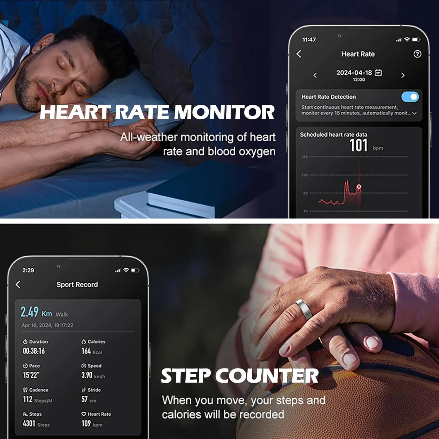 Smart Ring Health Tracker Heart Rate Sleep Tracking Pedometer Fitness Activity Wireless Charging Case Included Waterproof Smart Rings for Women Men