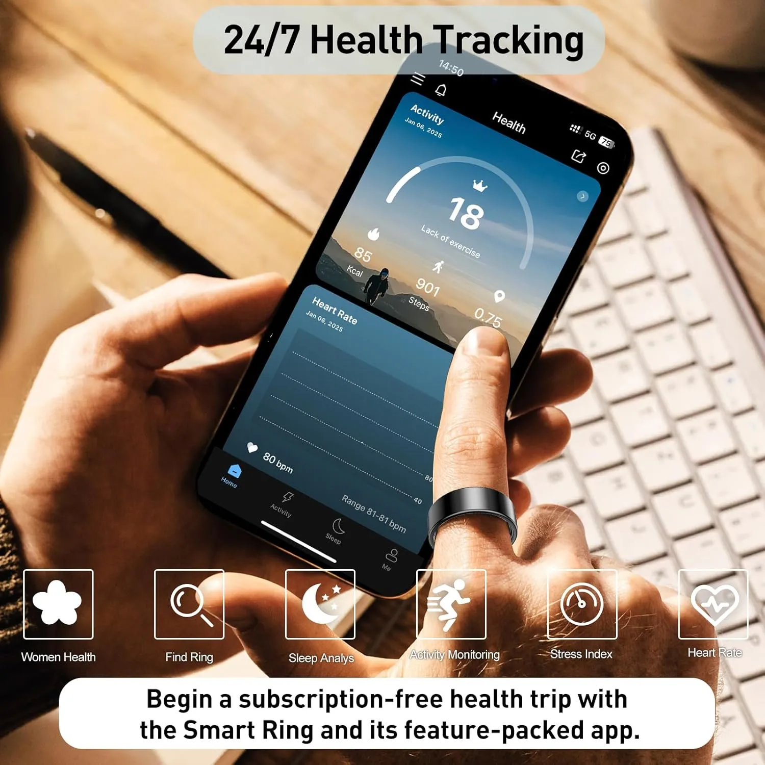 Smart Ring Health Tracker, Sleep&Exercise Monitor Heart Rate,Blood Oxygen,Fitness Trackers for Man&Women -Long Lasting Batteries,Waterproof Sleep Tracking Wearable (Black, 9)