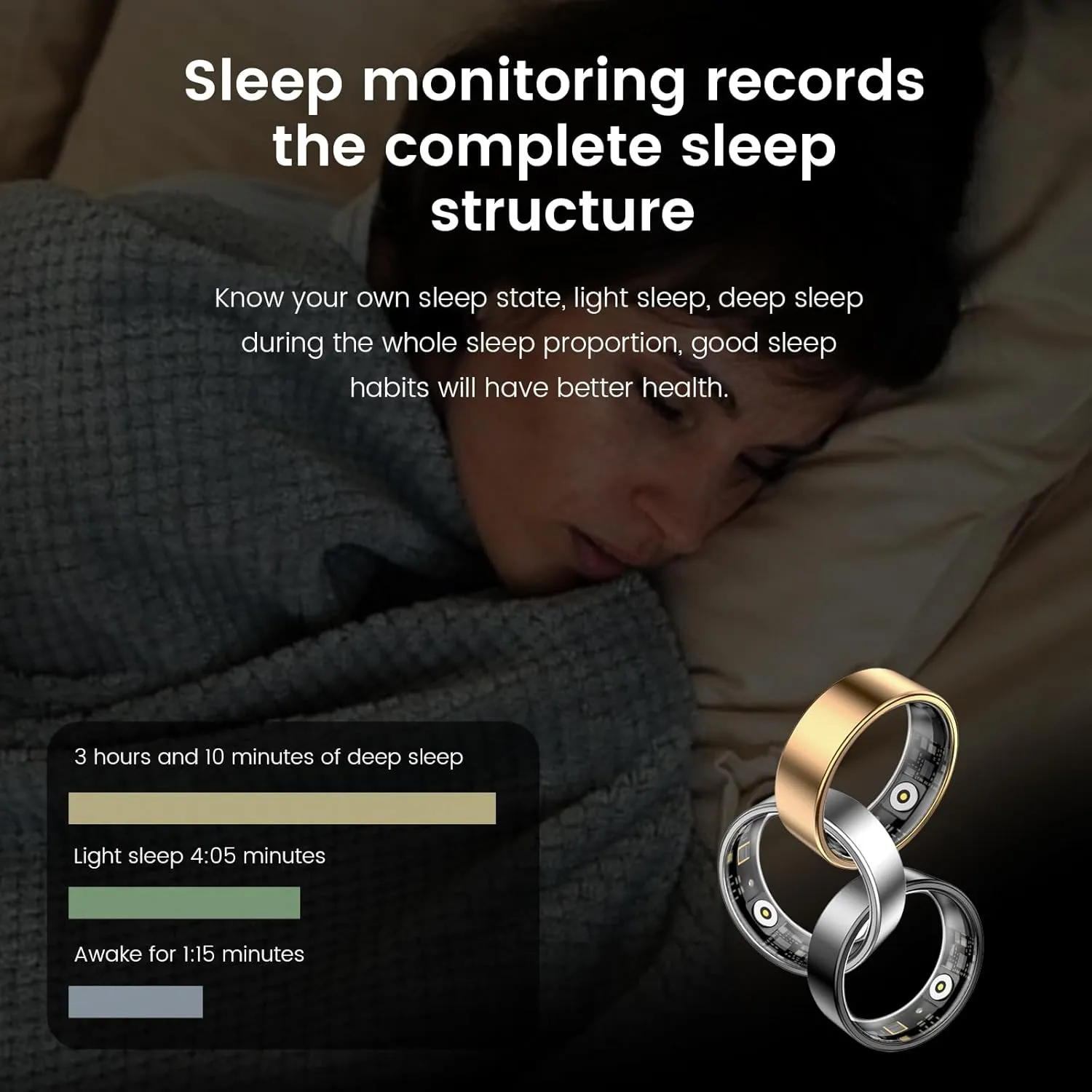 Smart Ring Health Tracker, Sleep&Exercise Monitor Heart Rate,Blood Oxygen,Fitness Trackers for Man&Women -Long Lasting Batteries,Waterproof Sleep Tracking Wearable (Black, 9)