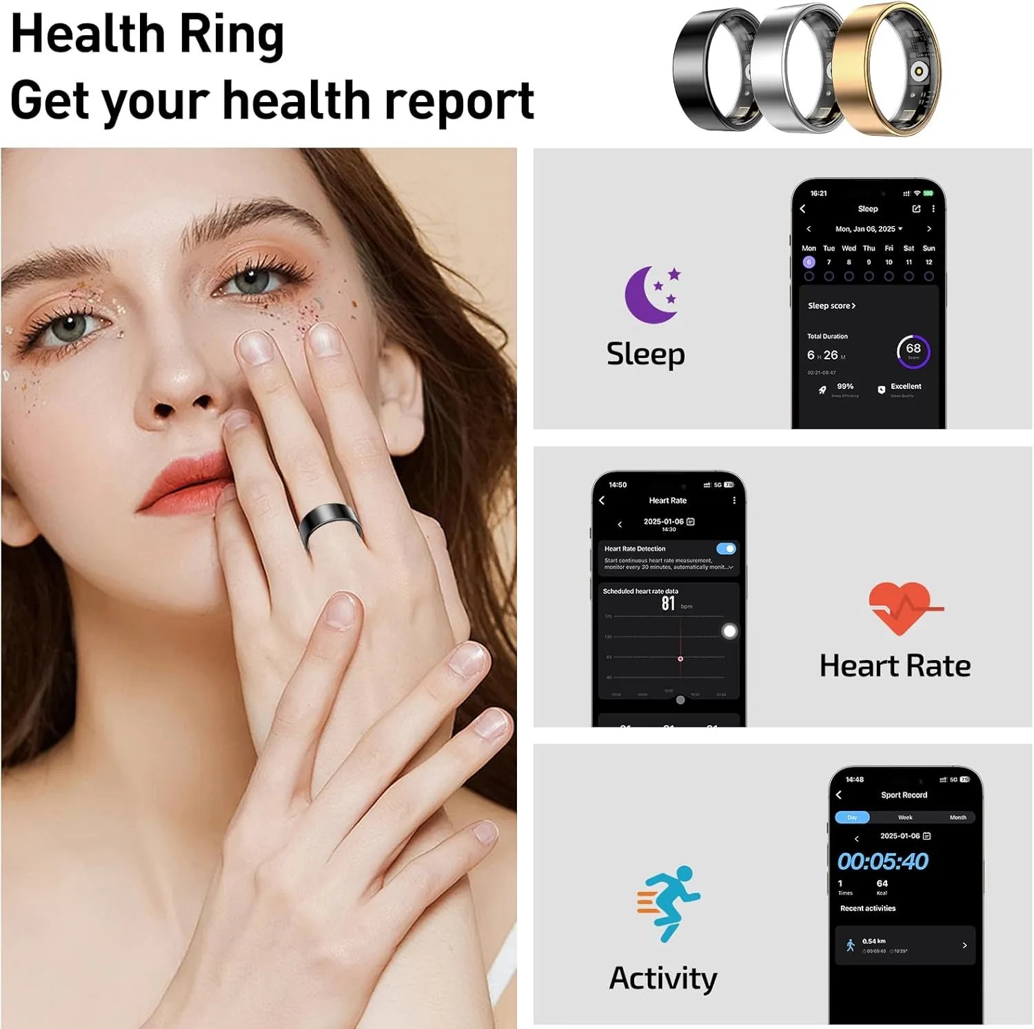 Smart Ring Health Tracker, Sleep&Exercise Monitor Heart Rate,Blood Oxygen,Fitness Trackers for Man&Women -Long Lasting Batteries,Waterproof Sleep Tracking Wearable (Black, 9)