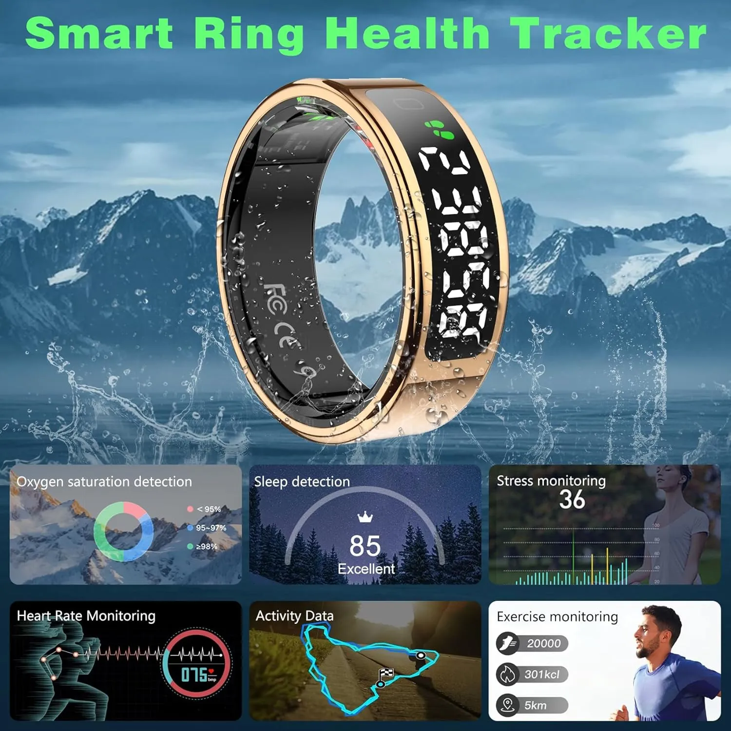 Smart Ring with LED Display Screen, Fitness Tracker Smart Rings for Women Men, Health Ring for iOS & Android, Sleep Tracker Ring Compatible with Heart Rate, SpO2, Sleep, Step (Rose Gold, 8)