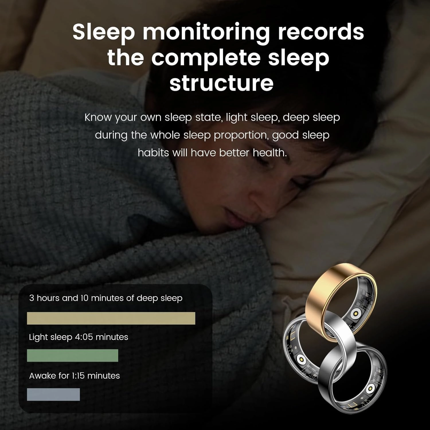 Smart Health Ring for Women Men Fitness Tracker with Heart Rate, Blood Oxygen,Sleep Monitoring, Step Counting, IP68 Waterproof for iPhone and Android, No Subscription Fee (Black, 10)