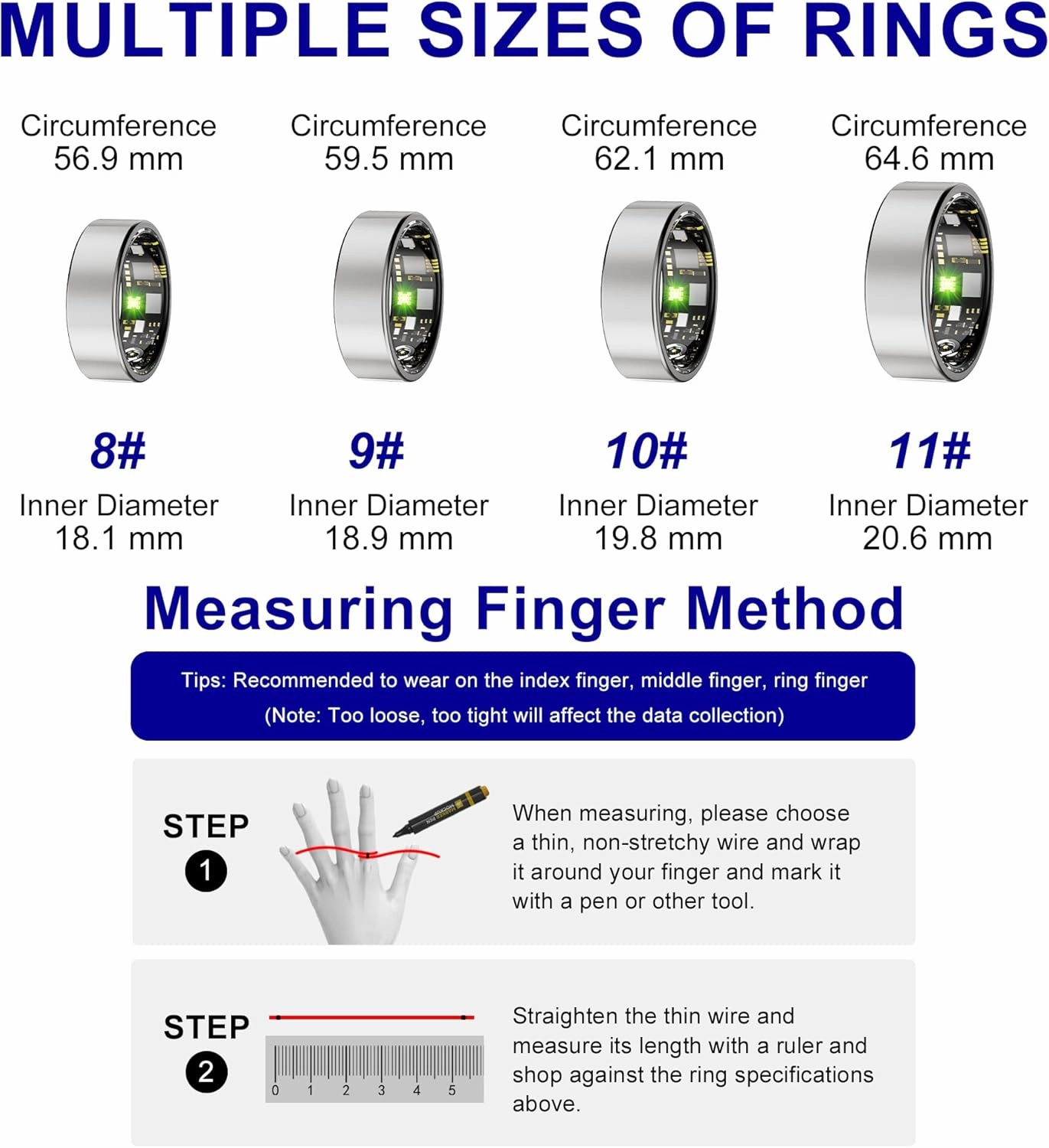 Smart Ring Fitness Tracker Ring for Men Women, Heart Rate Monitor Blood Oxygen Sleep, IP68 Waterproof Activity with Step Trackers, Remote Photography,Health Rings for Android iPhone,Silver(9# 18.9mm)