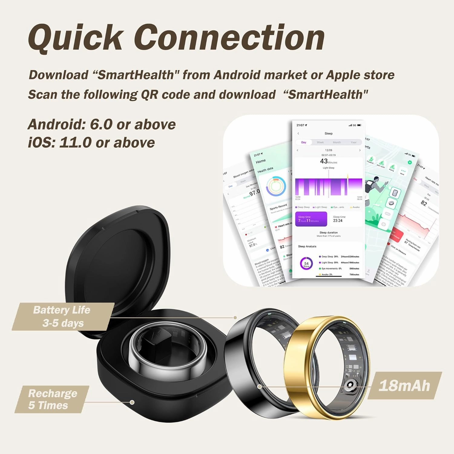 Smart Ring for Men Women Health Rings Heart Rate Sleep Monitor Step Counter Pedometer Sports Ring Fashion Fitness Tracker Ring with Charging Case Gold Rings for Android iOS Phones