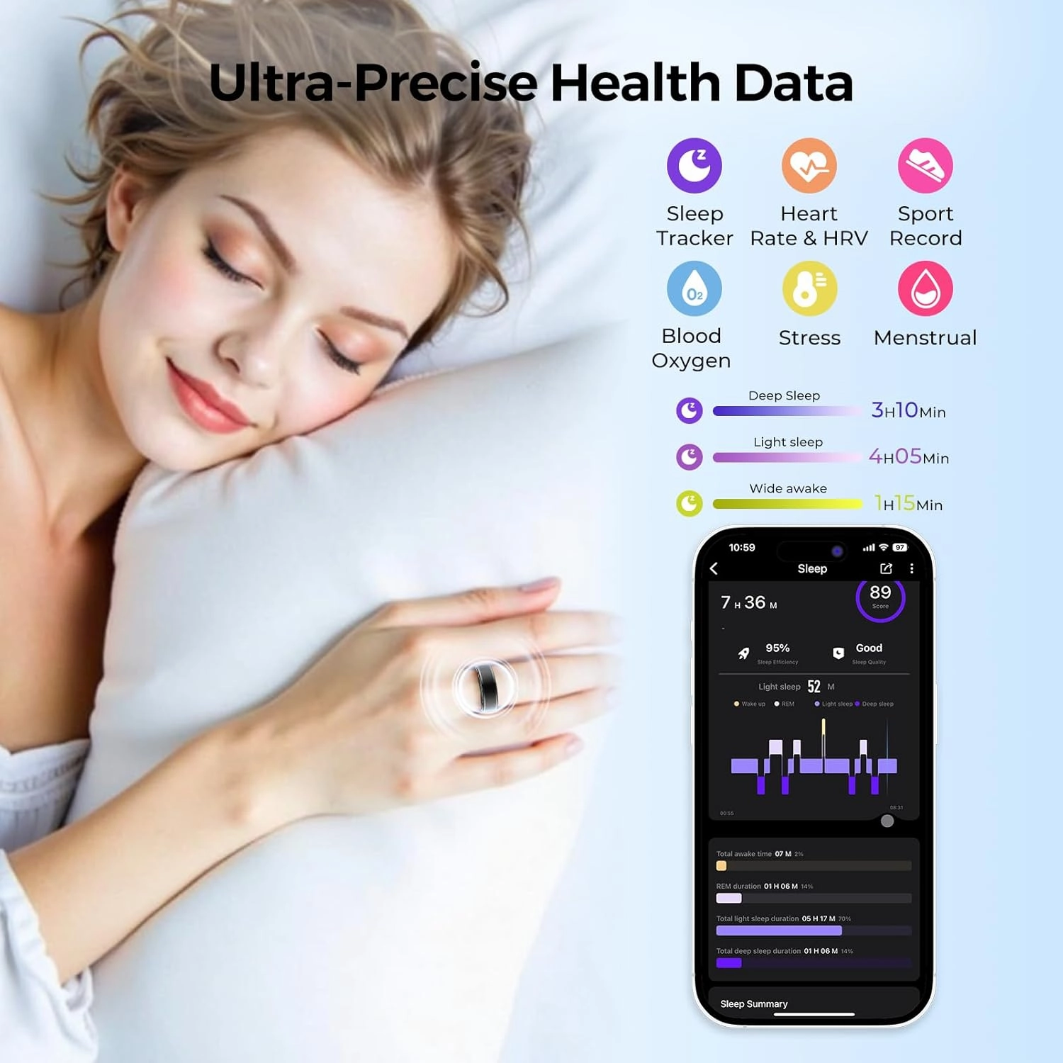 Smart Ring for Women Men - Fitness Tracker with Heart Rate/Blood Oxygen/Stress Monitor/Steps/Sleep Tracking, No App Subscription, 5ATM Waterproof Health Rings