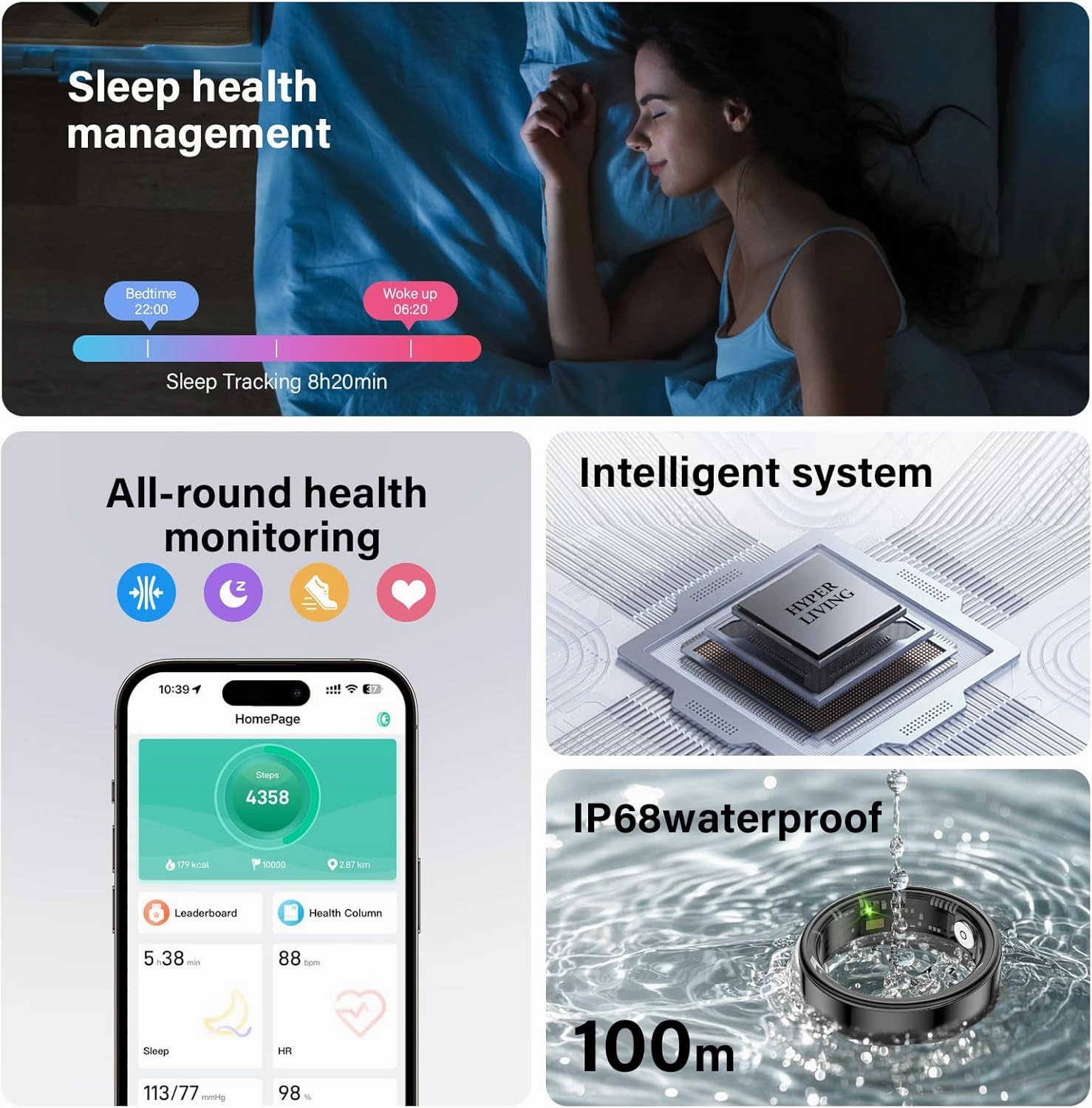 Smart Ring Health Tracker, Fitness Sleep and Heart Rate Monitor Tracker Smart Ring, Waterproof Bluetooth Fitness Tracker Ring IPX68 Waterproof (Silver,10)"
