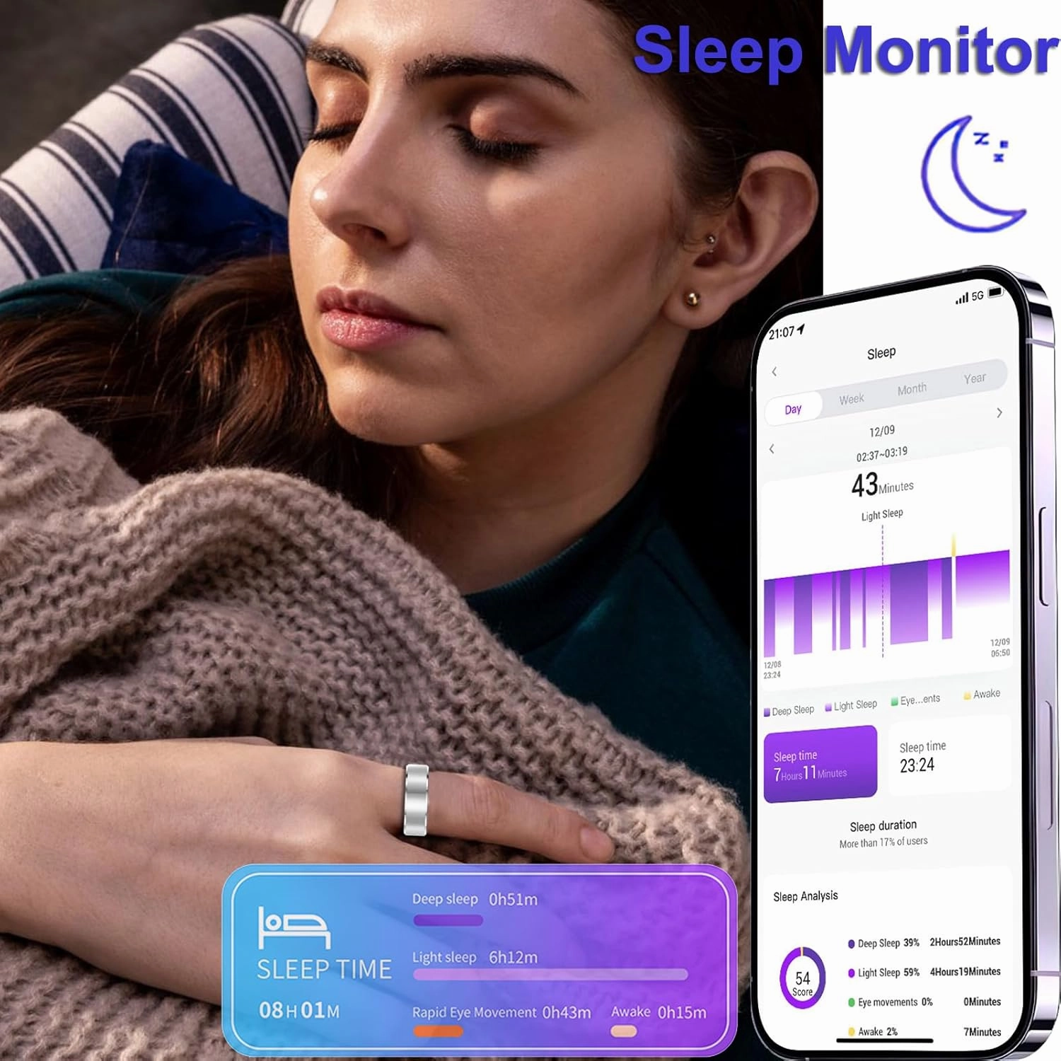 Smart Ring Heart Rate Monitor Blood Pressure Ring Sleep Tracker Health Rings Pedometer Step Counter Calories Waterproof Fitness Rings for Women Men