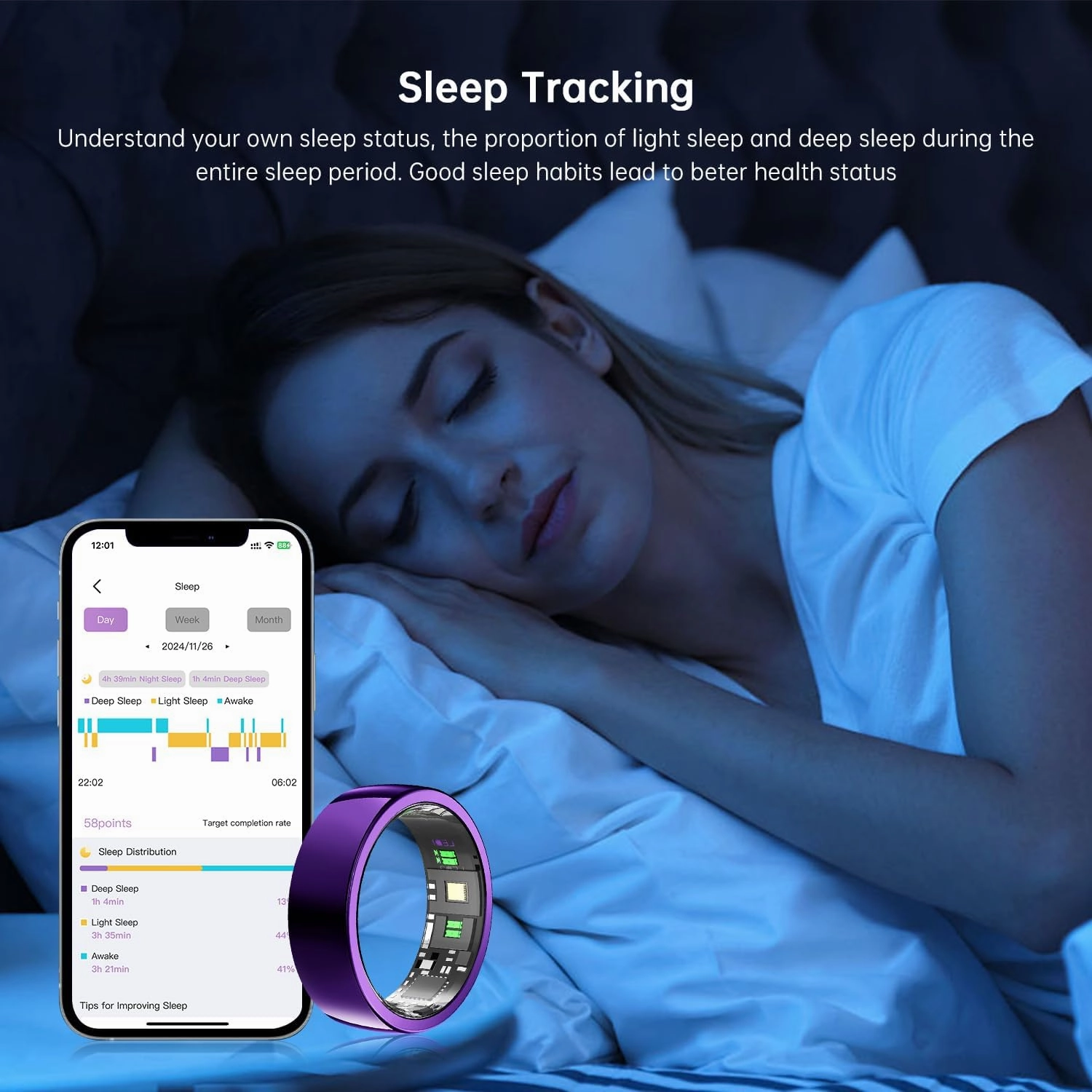 Smart Ring Purple - Size 11 - Health Tracker with Free Subscription, Gesture Remote Beauty Shot & Brush Video, Fitness Sleep Heart Rate Tracking Ring with Charging Case, Compatible with iOS & Android