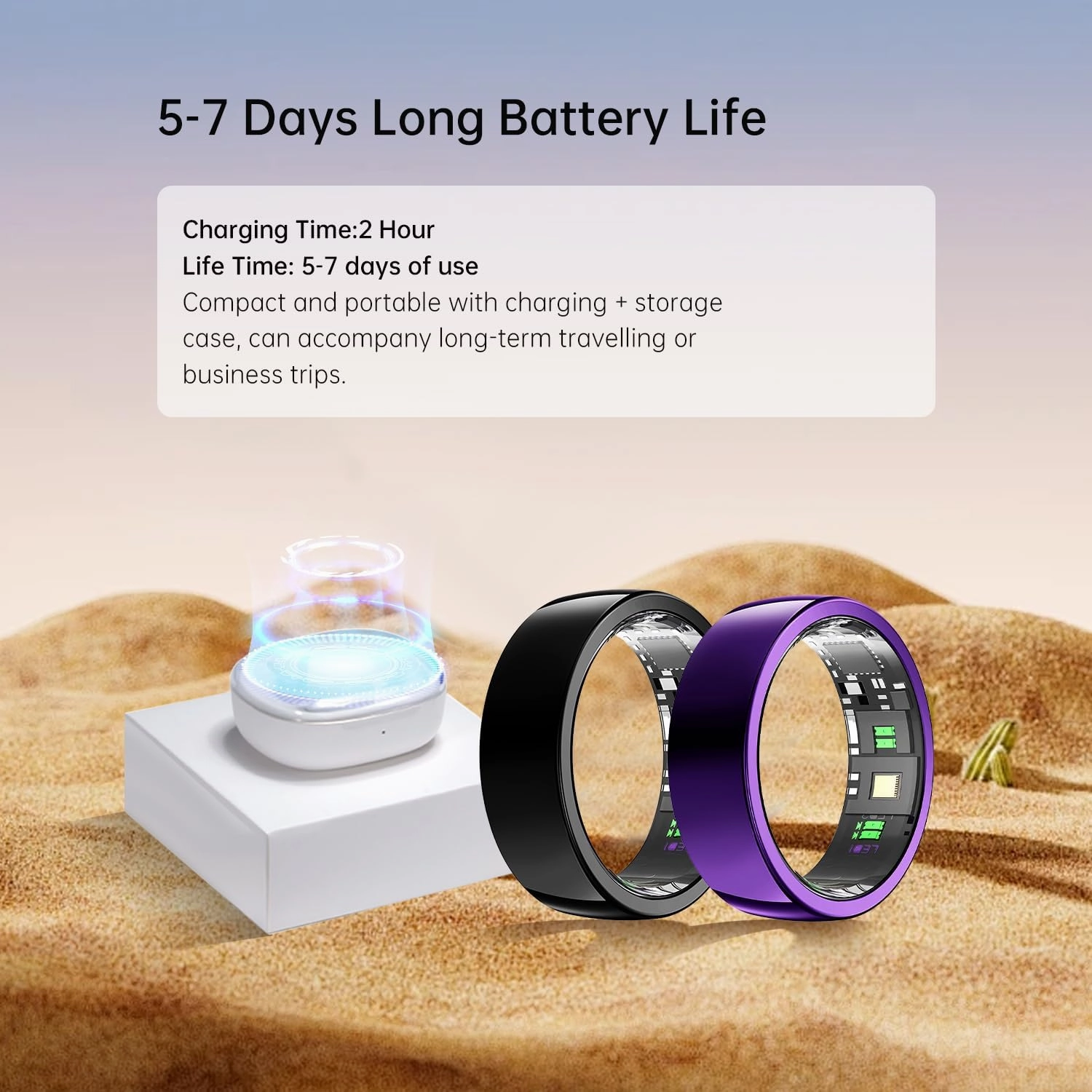Smart Ring Purple - Size 11 - Health Tracker with Free Subscription, Gesture Remote Beauty Shot & Brush Video, Fitness Sleep Heart Rate Tracking Ring with Charging Case, Compatible with iOS & Android