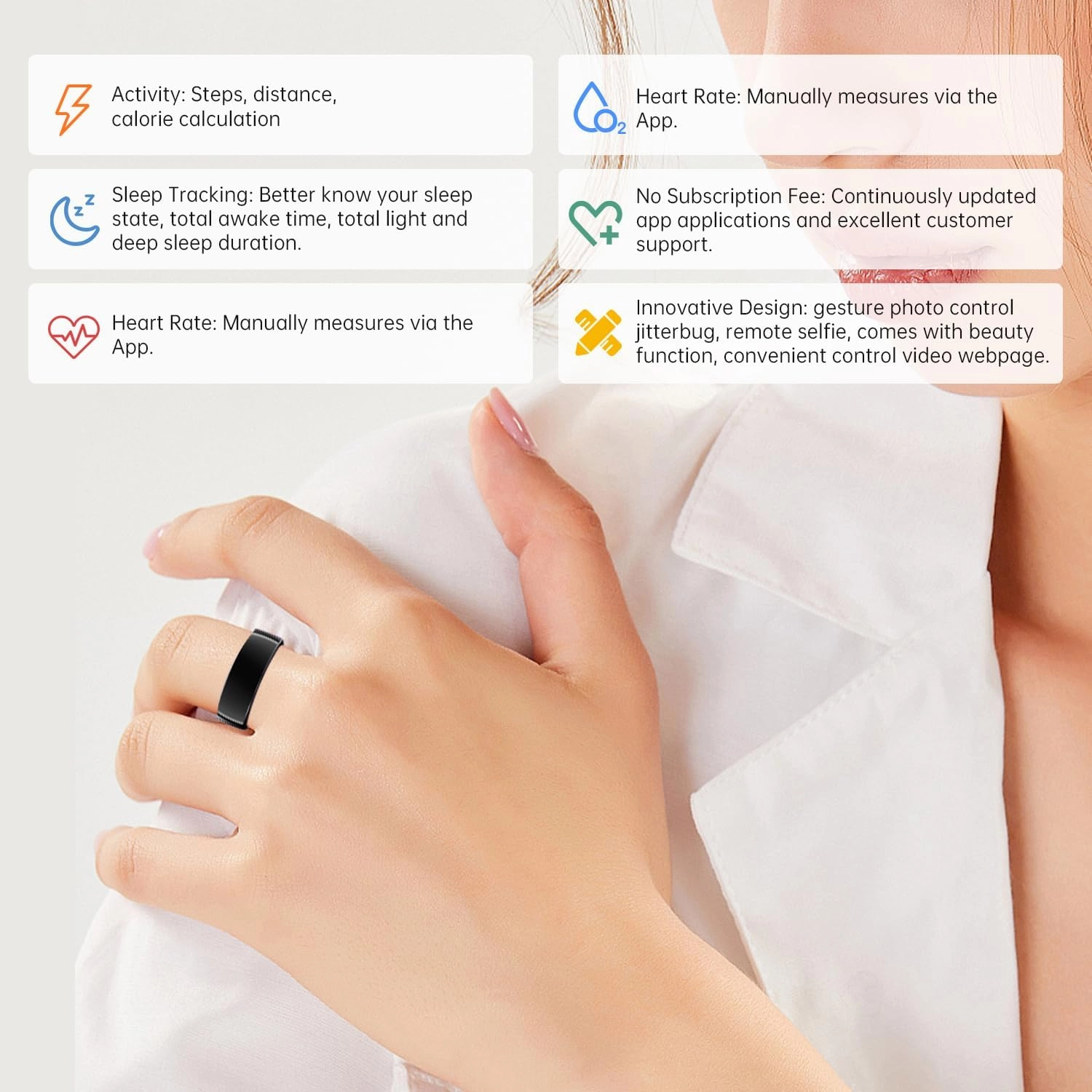 Smart Ring Purple - Size 11 - Health Tracker with Free Subscription, Gesture Remote Beauty Shot & Brush Video, Fitness Sleep Heart Rate Tracking Ring with Charging Case, Compatible with iOS & Android