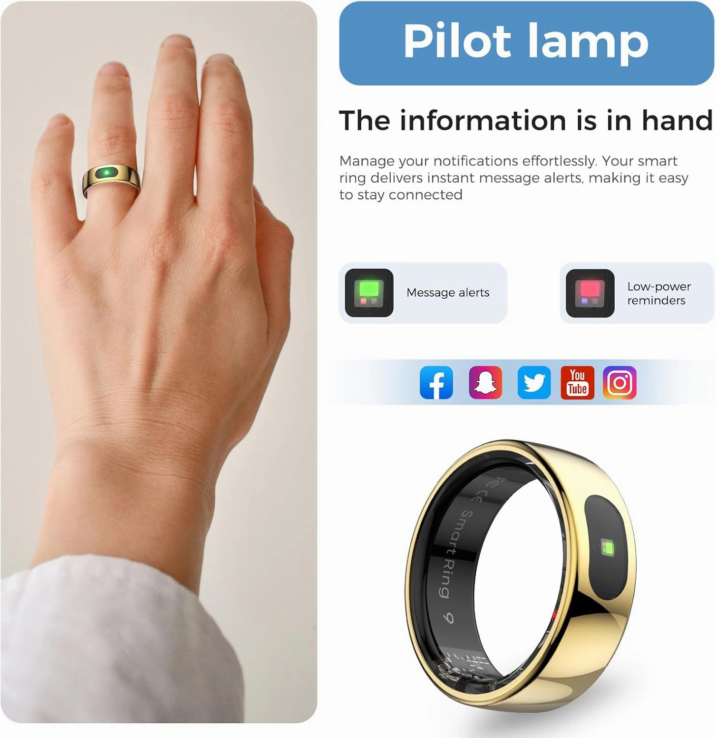 Smart Ring with Instant Notification Alerts & Gesture Control - Sleep Tracker Ring, Fitness Ring for Steps & Heart Rate, IP68 Waterproof Gold #10
