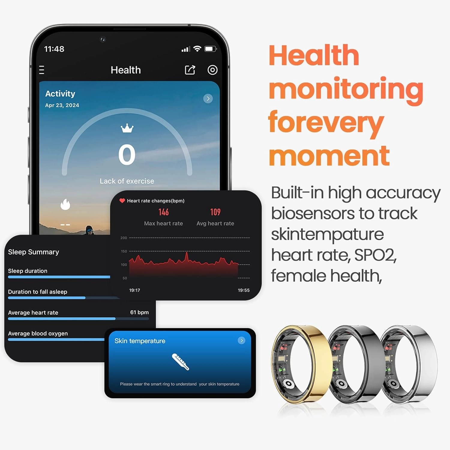 Smart Rings for Men, Fitness Trackers for Women - Sleep Tracking Wearable - Heart Rate - Blood Oxygen - IP68 Waterproof (Silver, 8#)