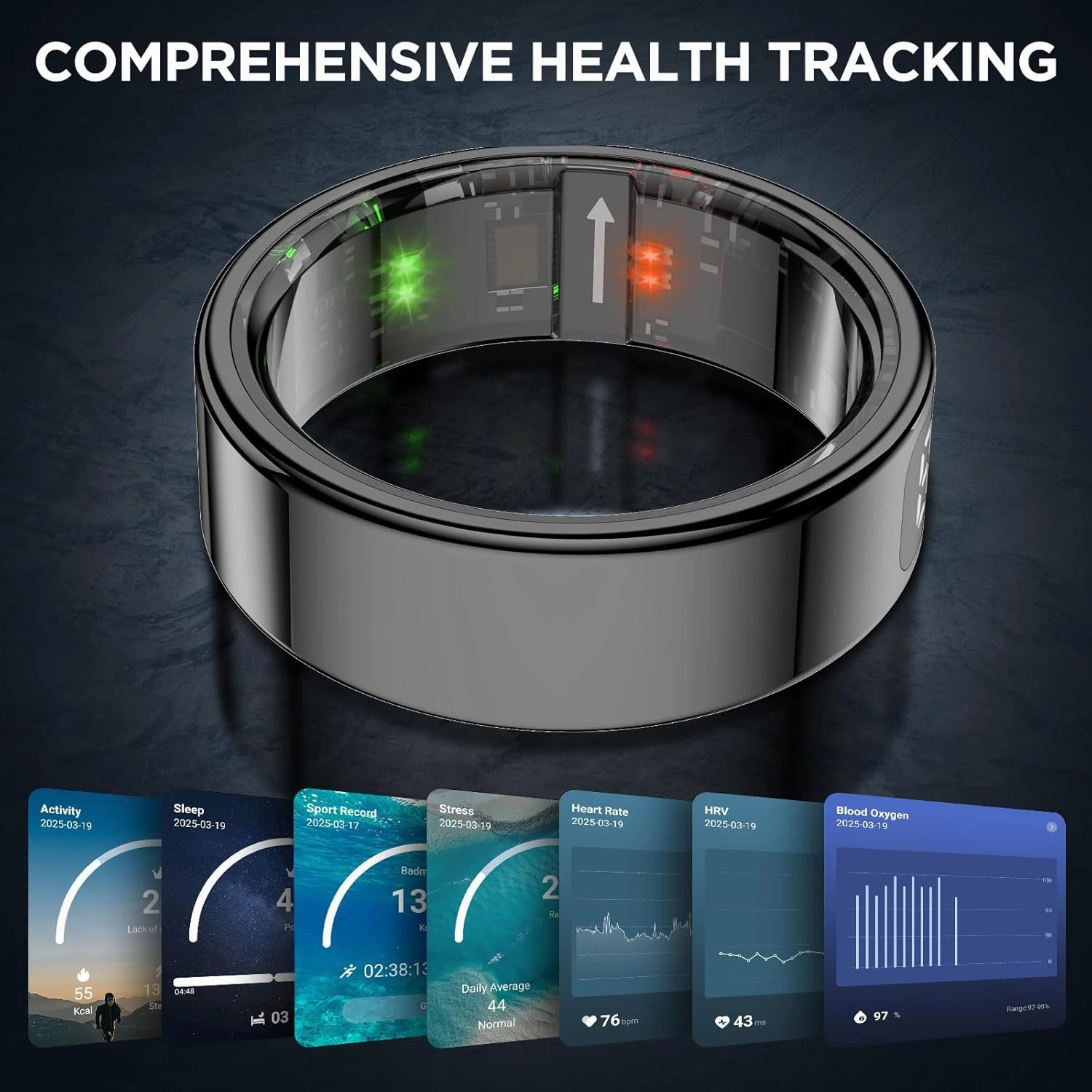 Smart Rings for Men with Display Screen, Fitness Ring with Wireless Charging, Sleep Tracker Ring with Heart Rate, Health Rings for Activity Monitoring/Steps/Calories, for iOS Android (Black,13#)