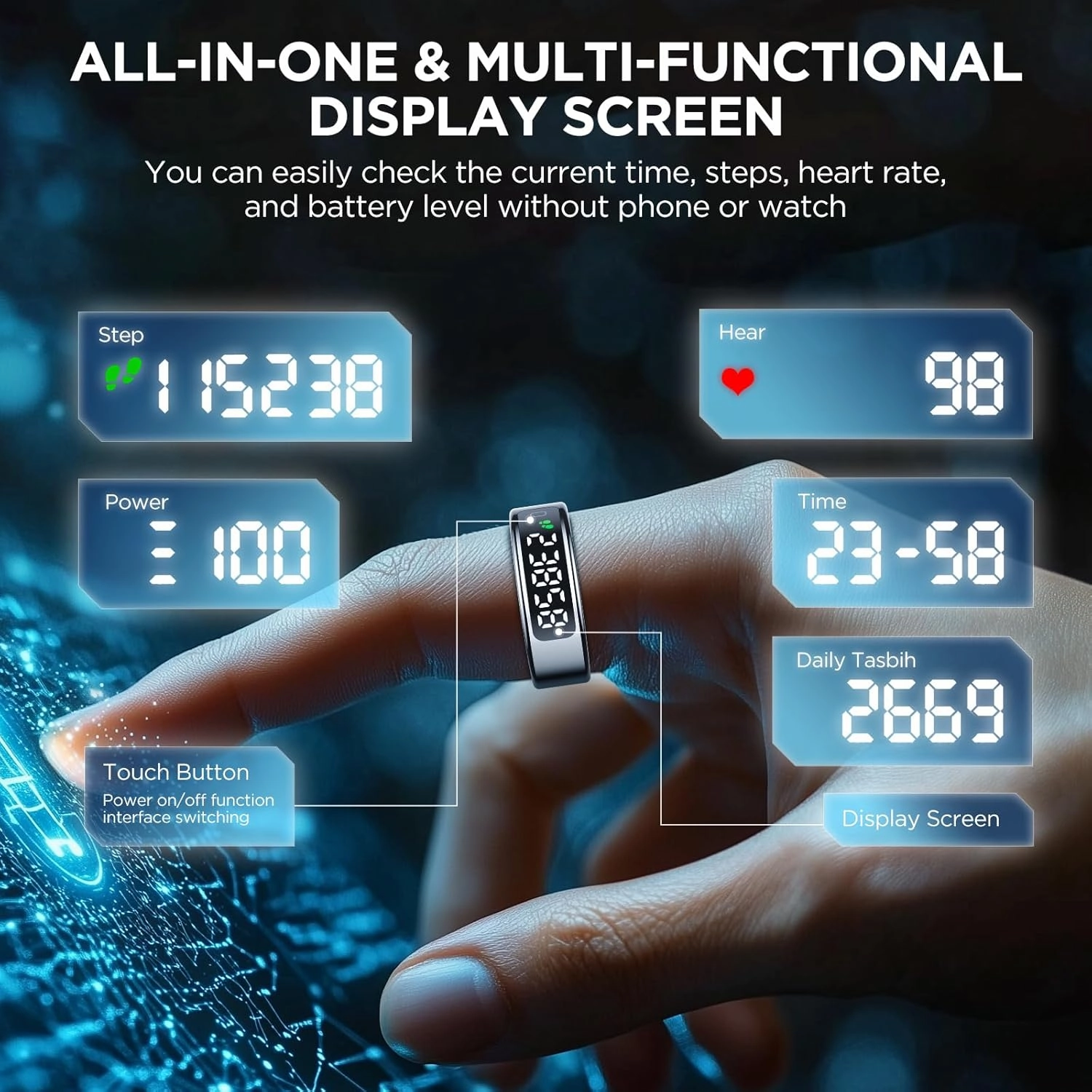 Smart Rings for Men with Display Screen, Fitness Ring with Wireless Charging, Sleep Tracker Ring with Heart Rate, Health Rings for Activity Monitoring/Steps/Calories, for iOS Android (Black,13#)